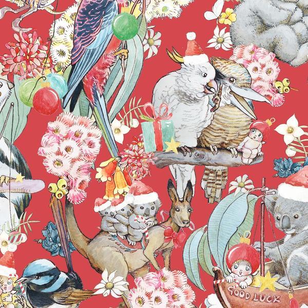 CHEERY RED 'Tis the Season of May Gibbs 57" - Cotton Sateen from Nerida Hansen