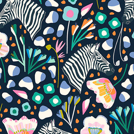 MIDNIGHT Zebra and Floral Cotton Lawn, Wild Beauty by Quilting Treasures