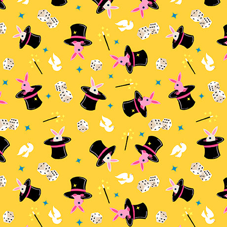 YELLOW Rabbits in Hats, Circus Spectacular by QT Fabrics