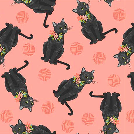 SALMON Tossed Black Cats, Curious Kittycats by QT Fabrics