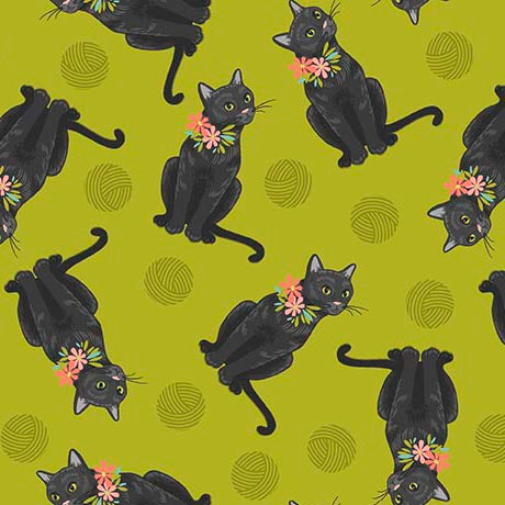 LIME Tossed Black Cats, Curious Kittycats by QT Fabrics