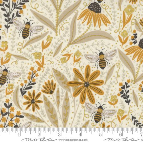NATURAL Porcelain Metallic Florals Bees, Bee Garden by Gingiber, Moda Fabrics