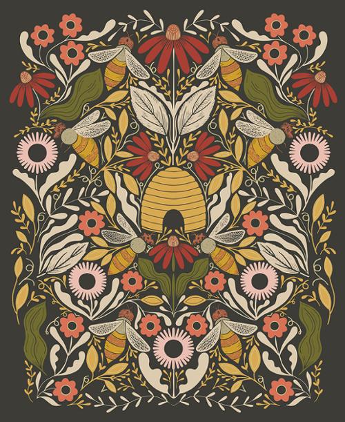 BLACK Bee Garden Panel 36" x 44" Panels, Bee Garden by Gingiber, Moda Fabrics