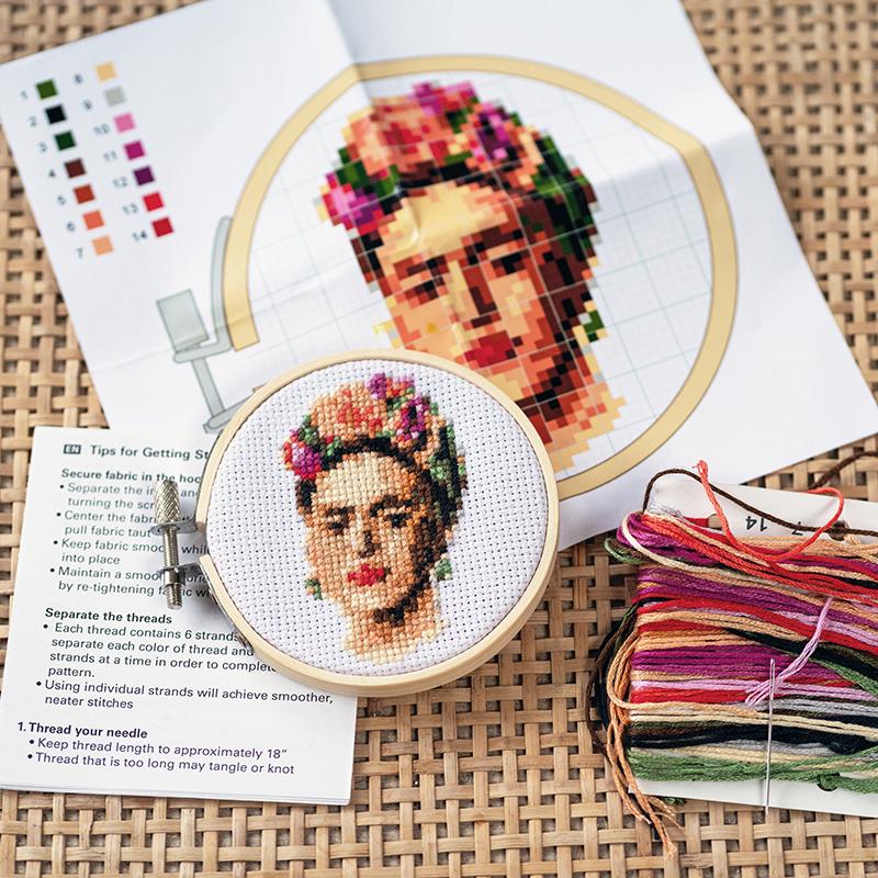 Mini Cross Stitch Frida Kahlo Embroidery Kit from Kikkerland