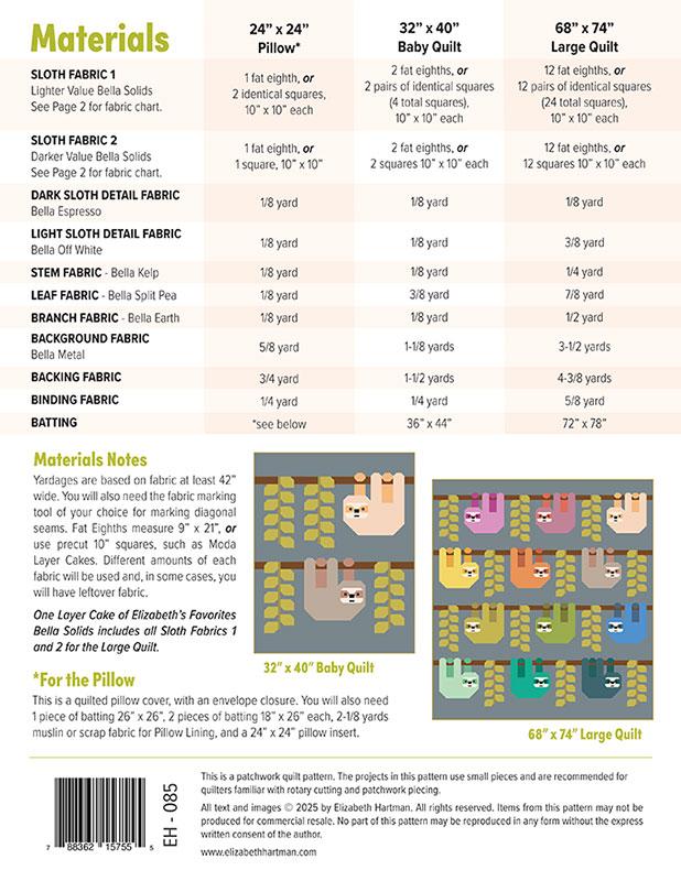 Snuggly Sloths by Elizabeth Hartman Quilt Pattern