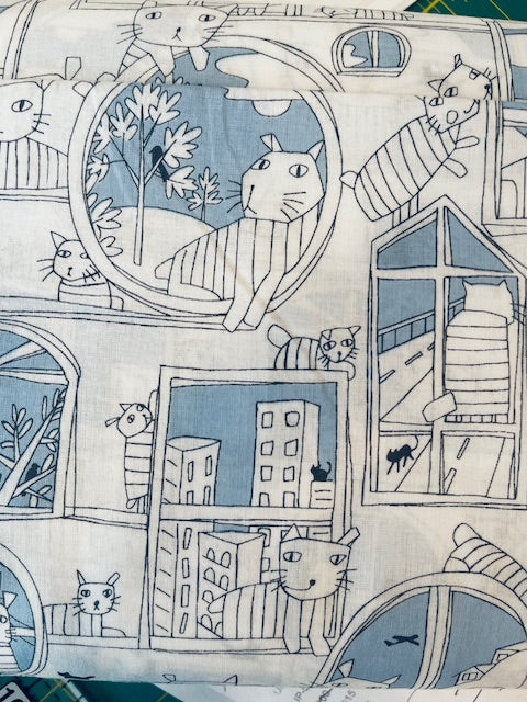 WHITE AND BLUE Cats in Windows Printed Cotton Lawn from KOKKA