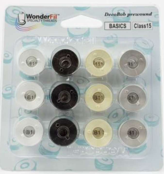 DecoBob prewound bobbins 12 count black white cream grey Class 15 135 yards