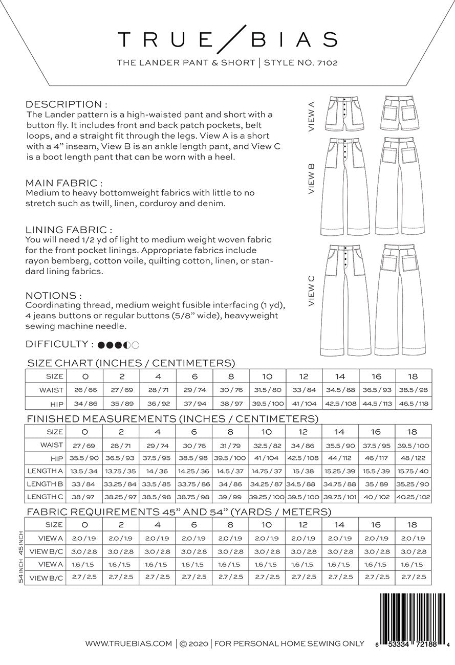 Lander Pants Pattern from True Bias
