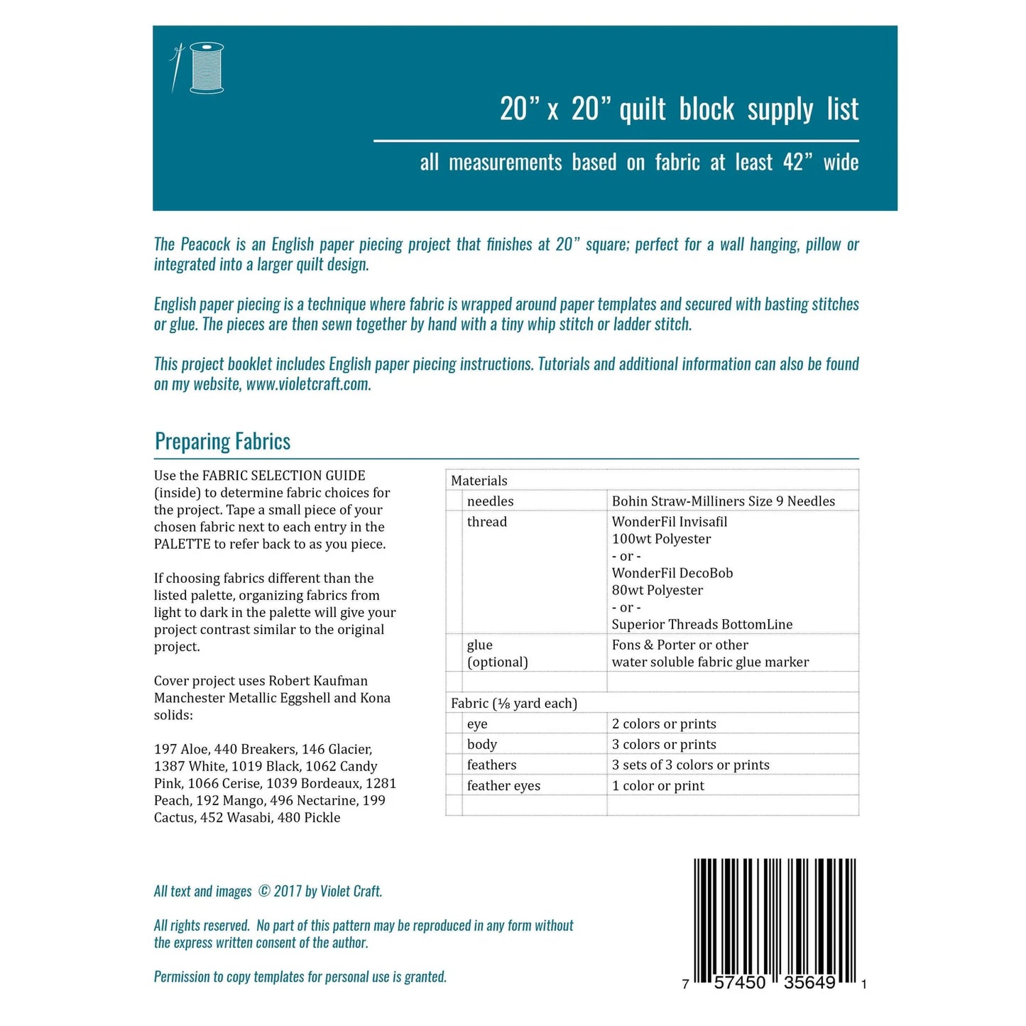 The Peacock Quilt Pattern by Violet Craft