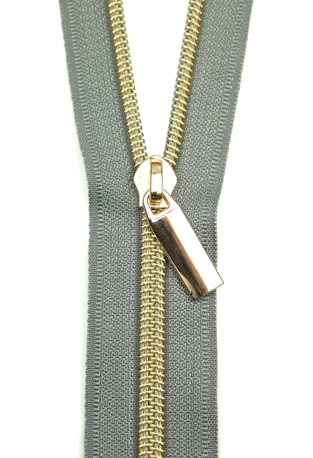 #5 Zipper Tape from Sallie Tomato Grey with Gold Coil (3 Yards 9 Pulls)