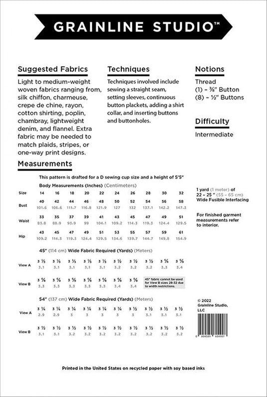 Archer Button Up Pattern from Grainline Studio Sizes 14-32