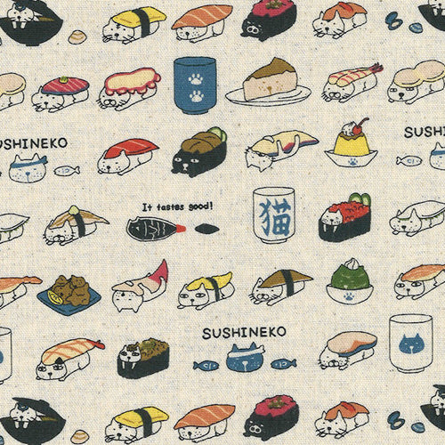 NATURAL Sushi Cats, Cotton/Linen Canvas from Cotton Kobayashi