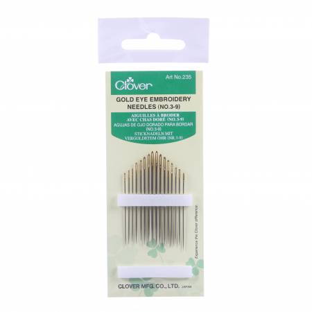 Gold Eye Embroidery Needles Numbers 3 - 9 from Clover 16ct