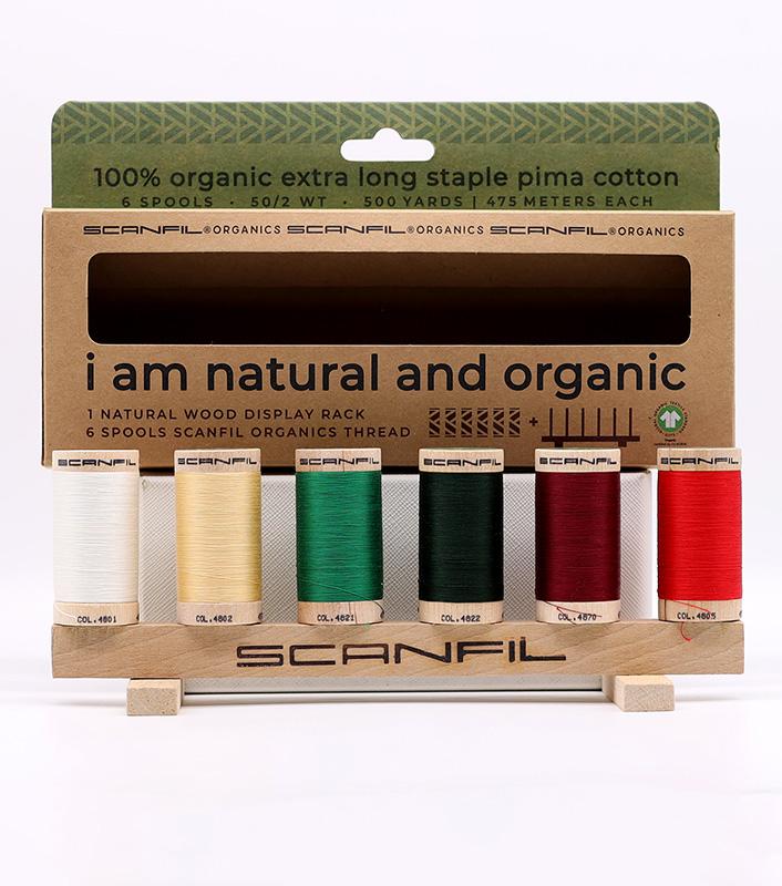50wt 100% Cotton Thread, 6 Spools with Wood Display Rack by Scanfil Organics