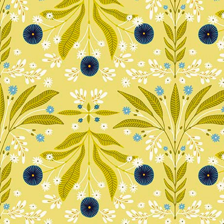 CHARTREUSE Floral Burst, Serenade Cotton Linen by Kate Lower for QT Fabrics