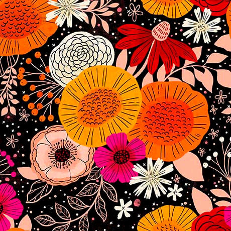 BLACK Contemporary Floral, Blooms of Joy by Quilting Treasures