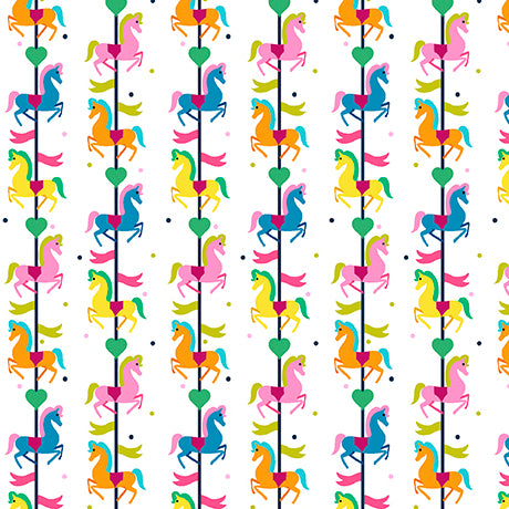 WHITE Carousel Horses, Circus Spectacular by QT Fabrics