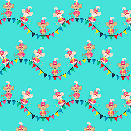 TURQUOISE Mice on Bunting, Circus Spectacular by QT Fabrics