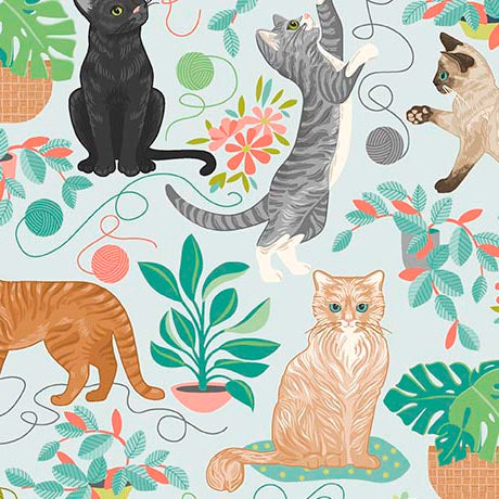 LIGHT BLUE Cats and Plants, Curious Kittycats by QT Fabrics