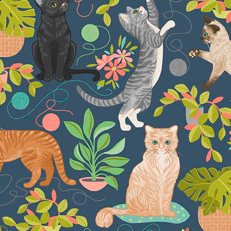 DARK BLUE Cats and Plants, Curious Kittycats by QT Fabrics