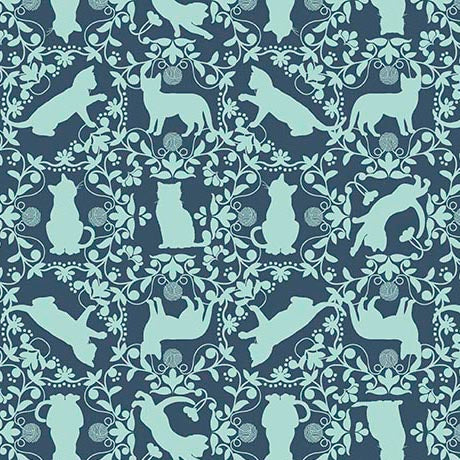 DARK BLUE Cat Silhouettes, Curious Kittycats by QT Fabrics