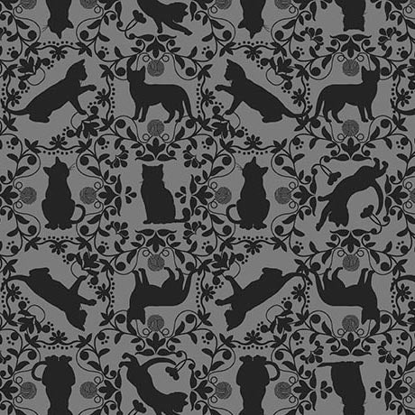 GRAY Cat Silhouettes, Curious Kittycats by QT Fabrics