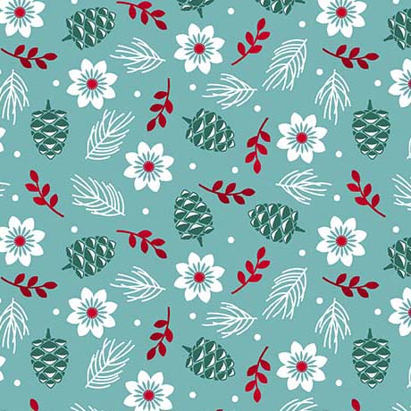 TEAL Flowers & Pine, 12 Days of Christmas by QT Fabrics