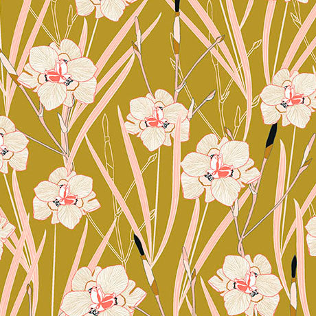 GOLD Irises Linen Blend, Meadow Drift by QT Fabrics