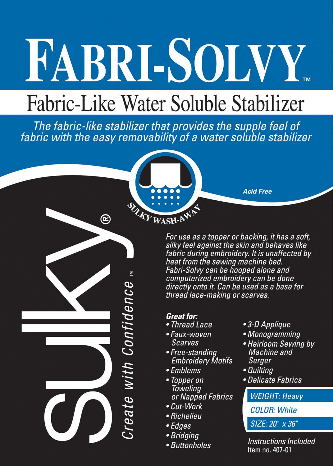 Sulky Sticky Fabri-Solvy Washaway Stabilizer White 20in x 1yd