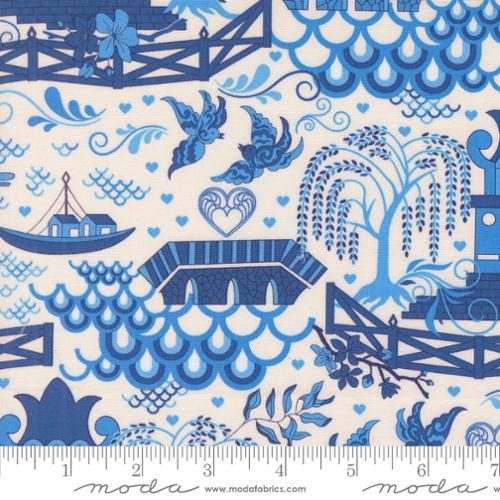 PORCELAIN NAVY Pagoda Landscape and Nature, Legendary Love by Sariditty, Moda Fabrics