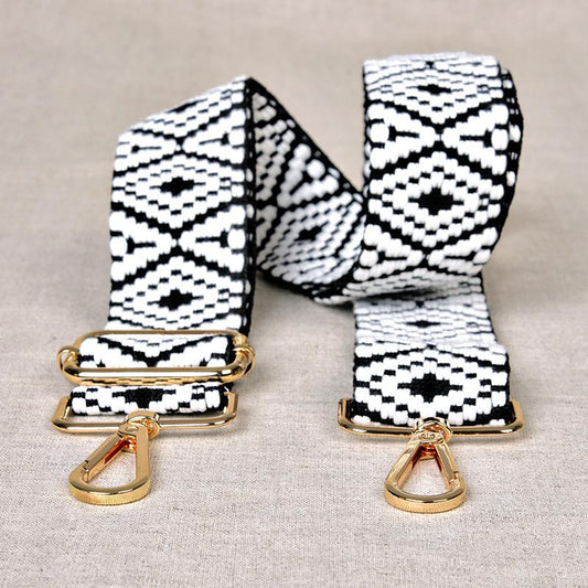 BLACK AND WHITE diamond print 1.5 inch Adjustable Shoulder Strap with Gold Hardware
