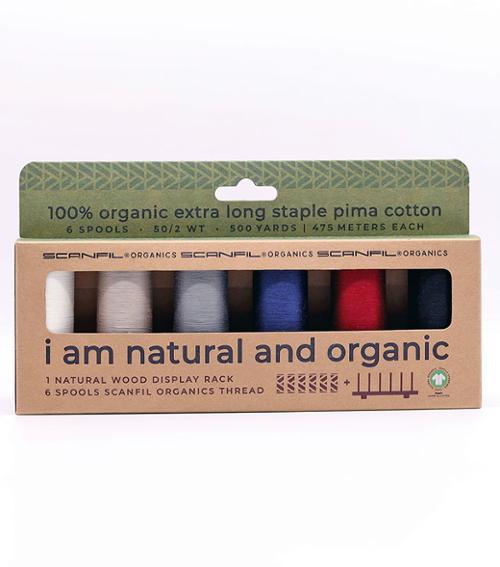 50wt 100% Cotton Thread, 6 Spools with Wood Display Rack by Scanfil Organics
