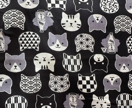 BLACK Cat Heads Cotton Shirting from Westex for Kokka Fabrics