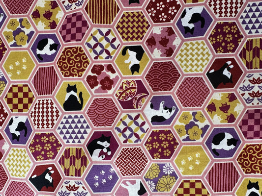 PINK Hexie Cats Cotton Sheeting from Kokka