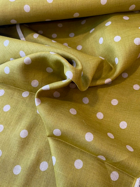 WHITE ON CHARTREUSE Polka Dots 100% Linen from KOKKA