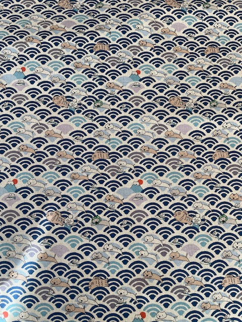 BLUE Wave Cats, Linen/Cotton Canvas from Kobayashi for Kokka