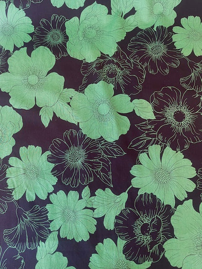 GREEN/BLACK Japanese Camellias Cotton/Rayon Lawn by Hokkoh