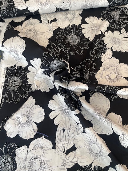 WHITE/BLACK Japanese Camellias Cotton/Rayon Lawn by Hokkoh