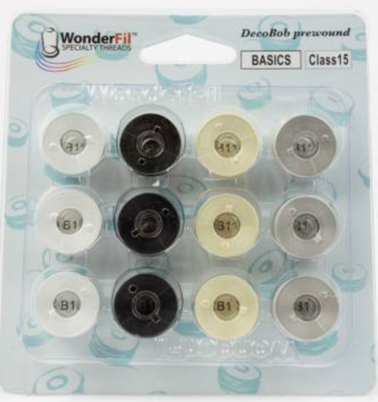 DecoBob prewound bobbins 12 count black white cream grey Class 15 135 yards