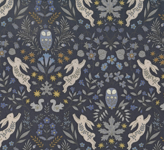 Dusk Blue Bunnies, Owls and Squirrels - Oxford Cotton from Kokka