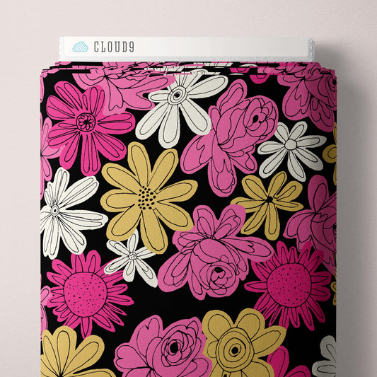 BLACK Floral Explosion, Summer Sun Organic Rayon by Vera Neumann for Cloud9 Fabrics