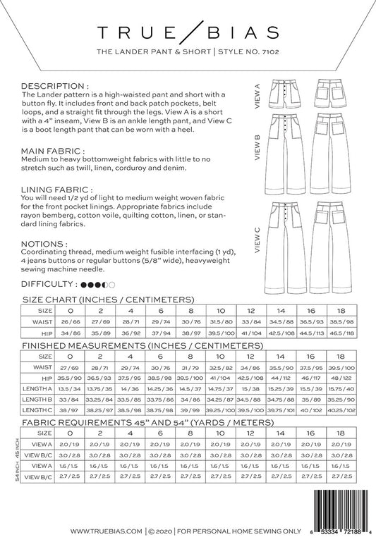 Lander Pants Pattern from True Bias