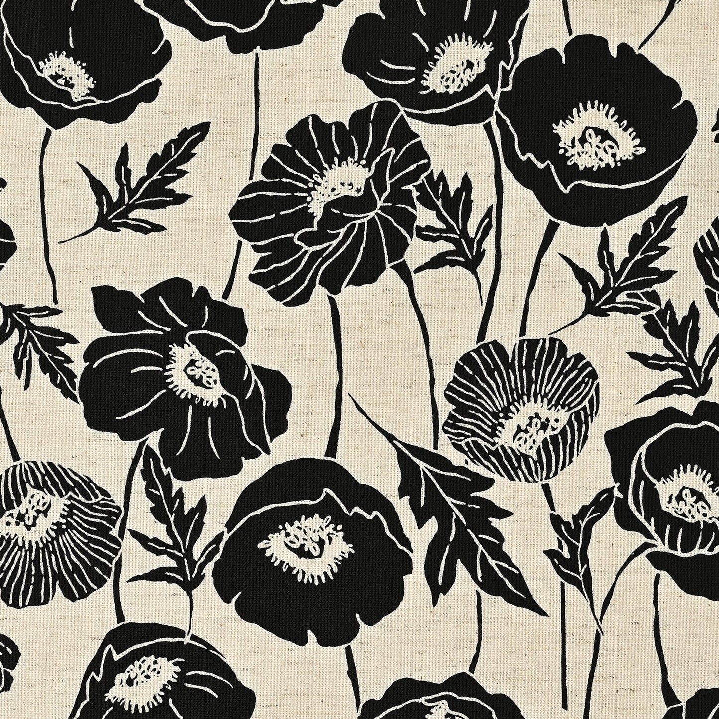 NATURAL/BLACK One Flower Poppy Cotton Sheeting from Kokka