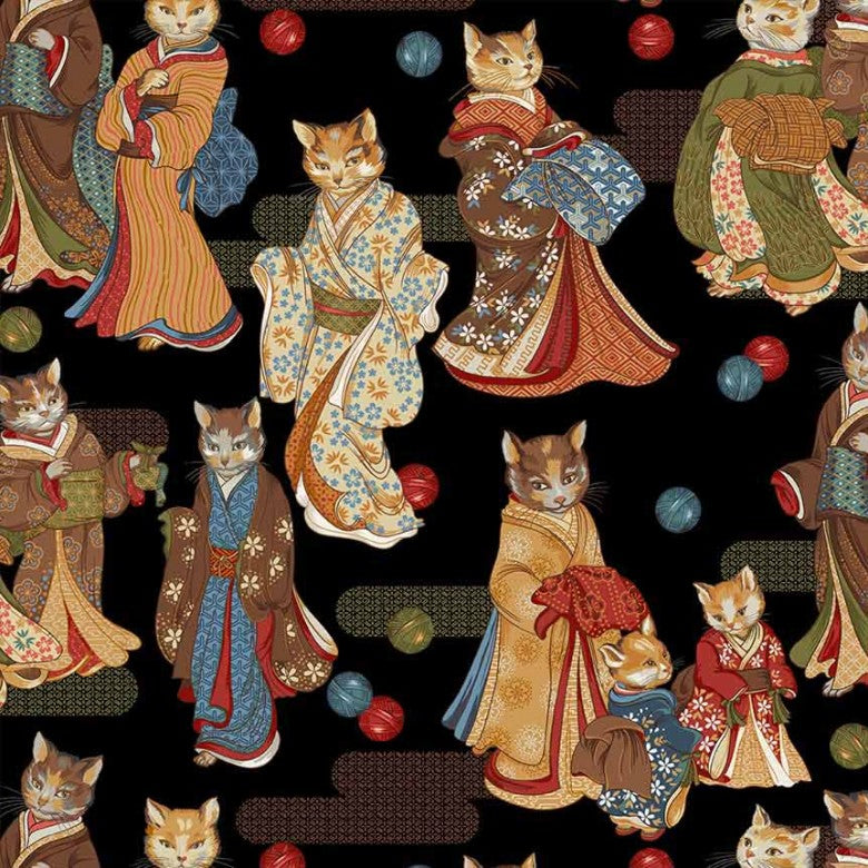 BLACK Ginza Whiskers, Tokyo Fur-Tales collection from Michael Miller Fabrics