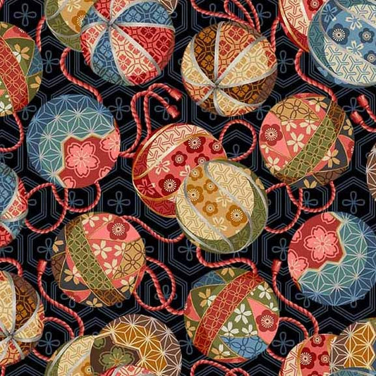BLACK Temari Balls, Tokyo Fur-Tales collection from Michael Miller Fabrics