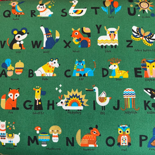 GREEN Alphabet with Gold Metallic - Oxford Cotton from Kokka